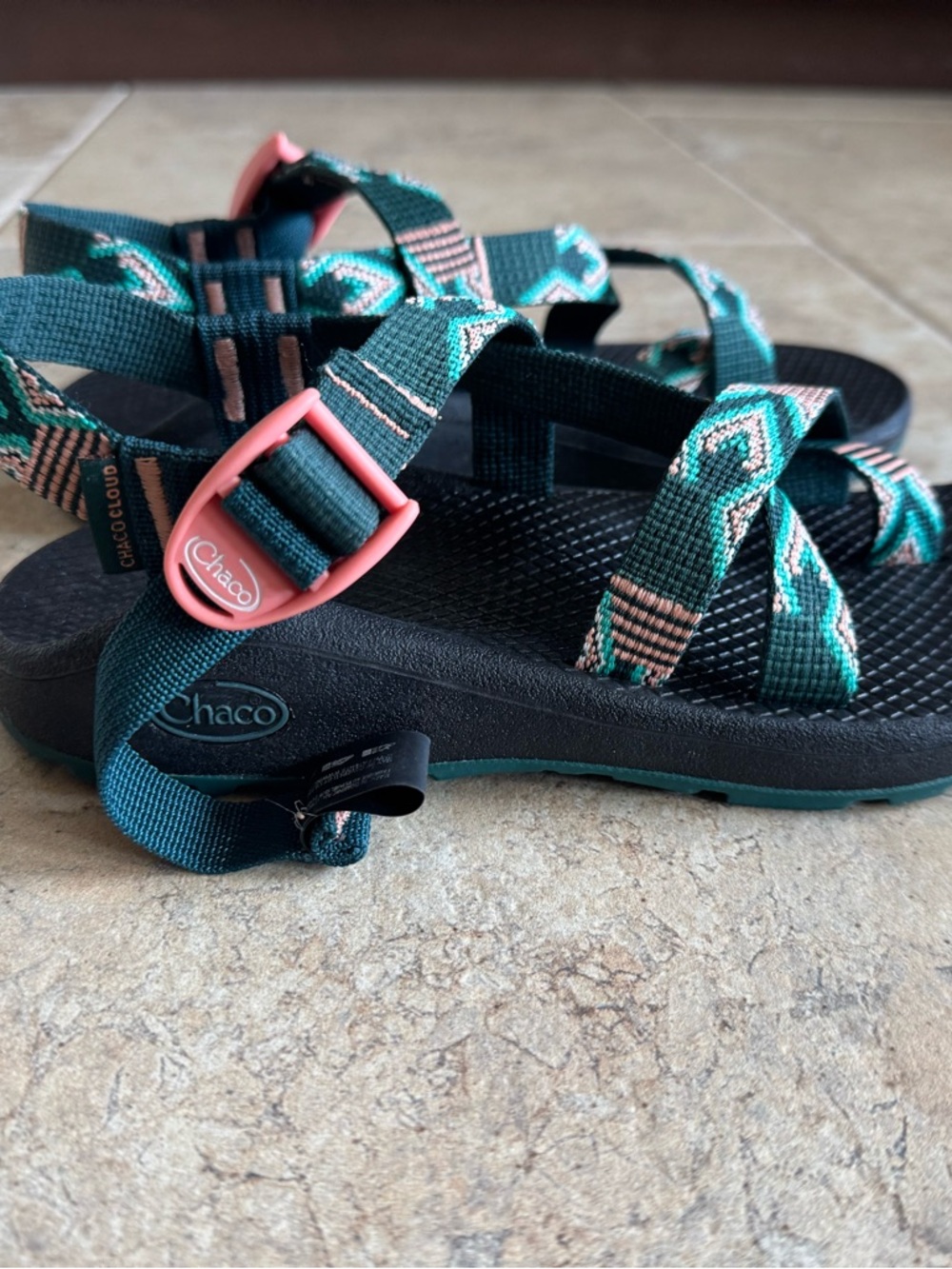 Chaco Teal Strappy Sandals with Pink Buckles